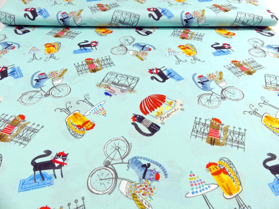 Patchworkstoff mit Katzen im Cafe in Paris. Mit Fahrrad, Torte, Baguette, Creperie und mehr